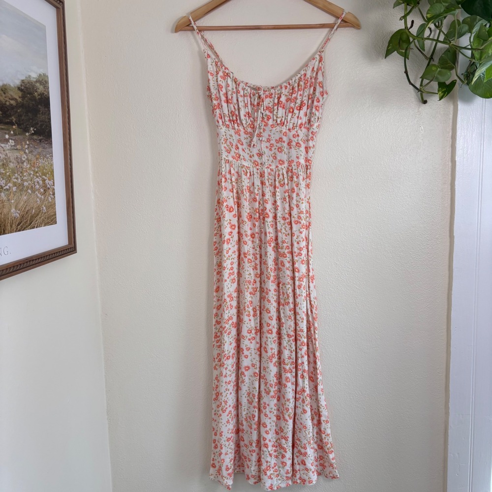 Billabong pink white floral maxi dress buttons smocked size small